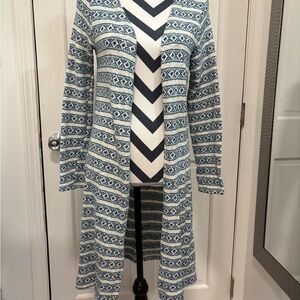 Hanger 55 Open Cardigan Long Western Aztec Cowgirl White/ Blue Cozycore Sz M NWT